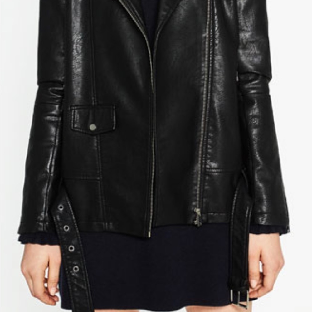 NEW ZARA BLACK FAUX LEATHER LONG ASYMMETRICAL BIKER JACKET COAT MOTORCYCLE LOOK